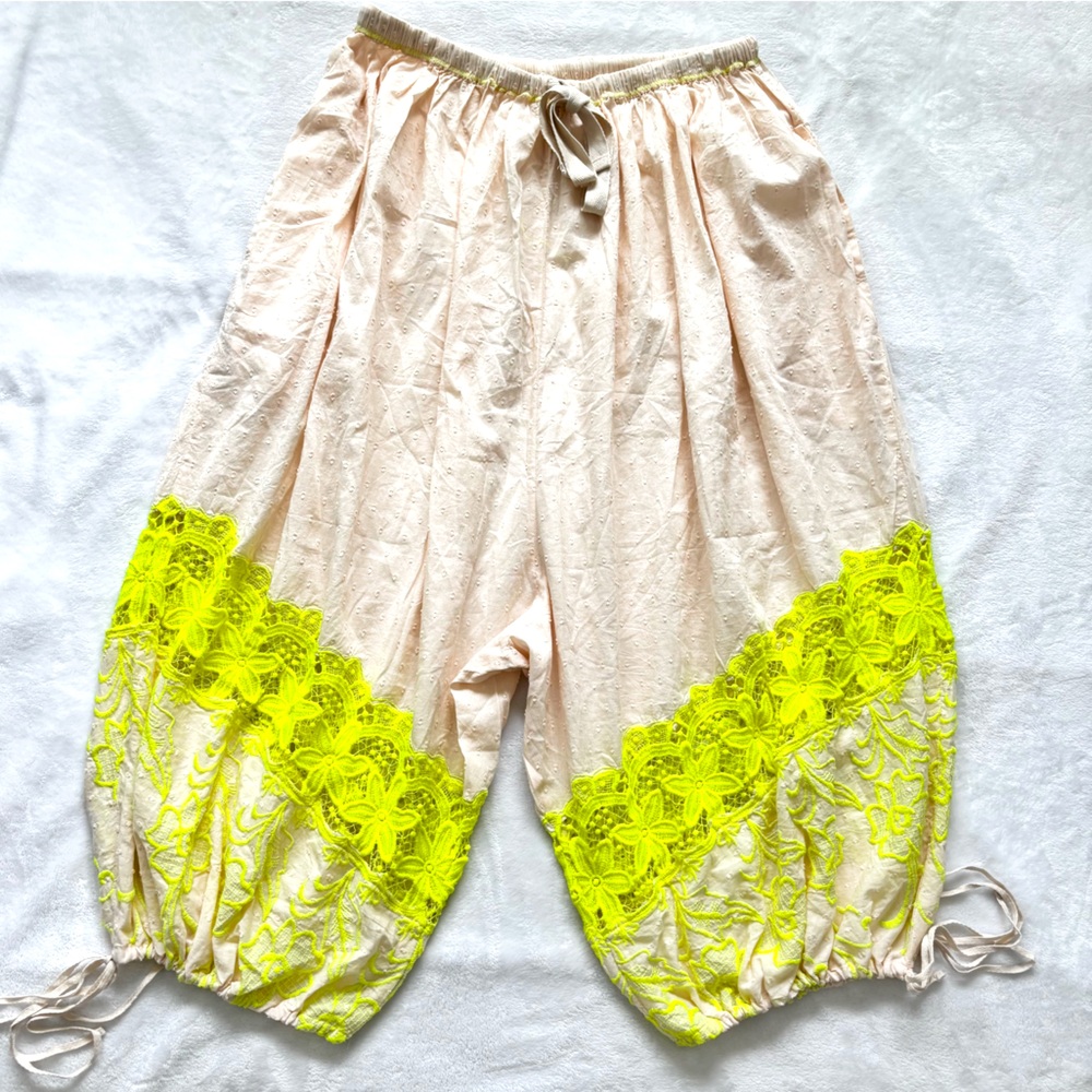 Free People Cream Track Pants with Neon Yellow Lace